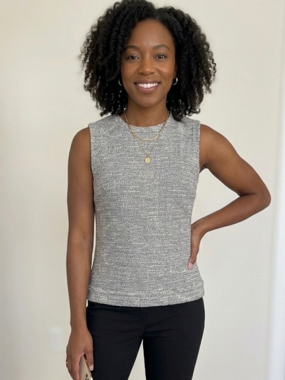 Ann Taylor Tweed Sleeveless Top Blouse Gray White Size Small